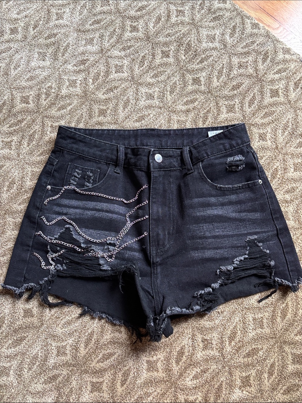 SHEIN Black Distressed Denim Shorts with Silver chains